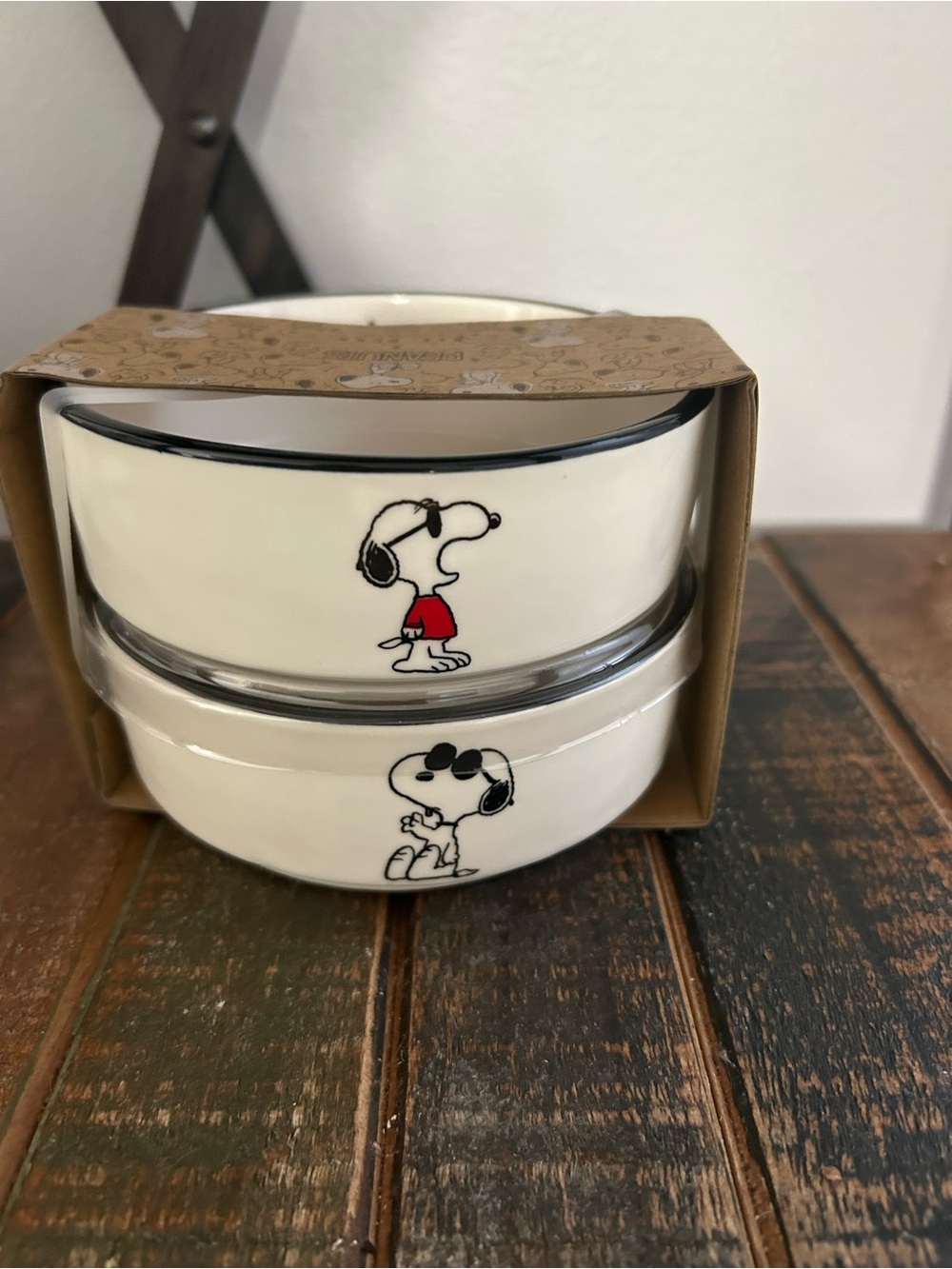 Rae Dunn Peanuts Snoopy Ceramic Dog Food And Water Bowl Set Chomp & Drink NEW